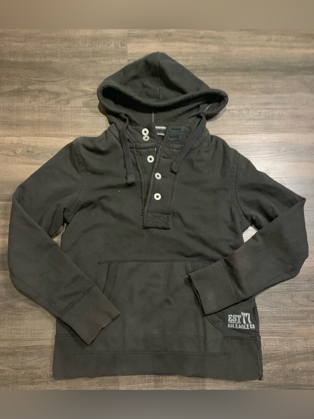 American Eagle Outfitters Black Hooded Henley Sweatshirt